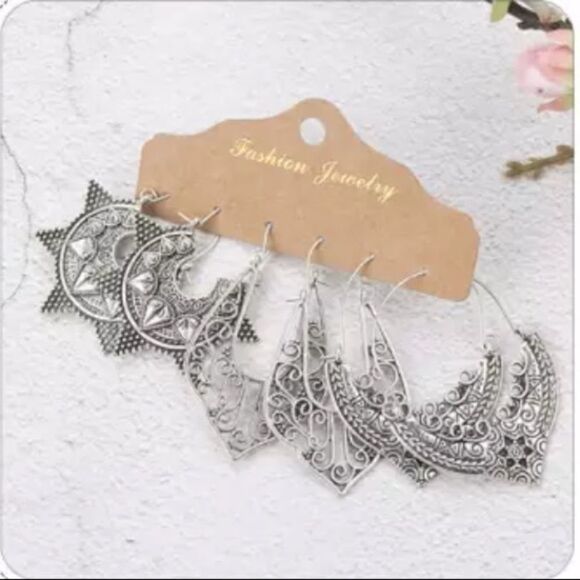 Silver Bohemian Earring Set Geometric Boho Filigree - Picture 4 of 4